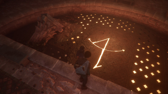 Amicia and Lucas staring at a Gnostic symbol illuminated by fire beneath the floor tiles