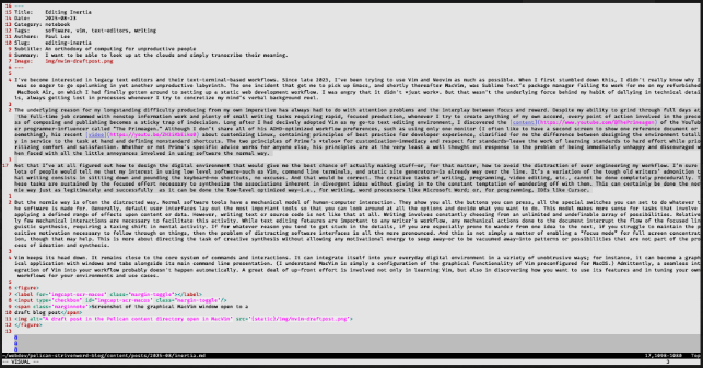 A command line terminal showing a markdown blog post open in Vim, in a light colorscheme